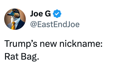 Tweet fra Joe G: "Trumps nye kallenavn: Rat Bag."