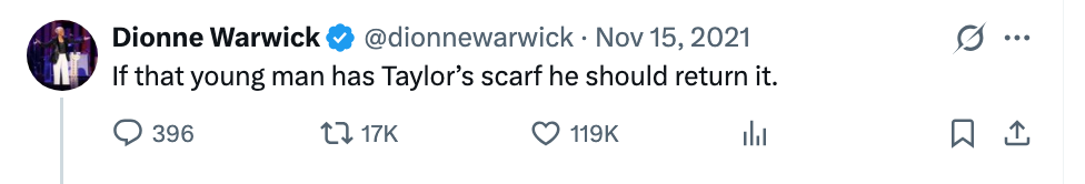 Tweet fra Dionne Warwick 15. november 2021: