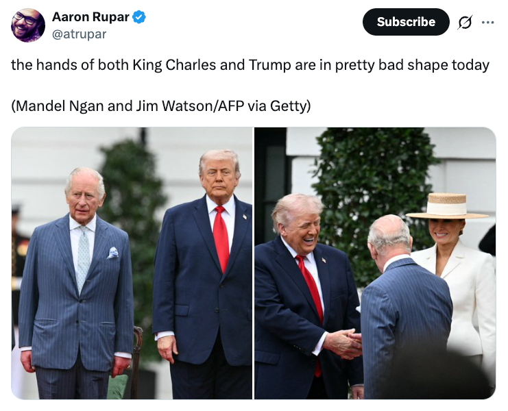 Delt bilde: Kong Charles og Donald Trump er til venstre; til høyre håndhilser Trump med Charles mens Melania Trump ser på