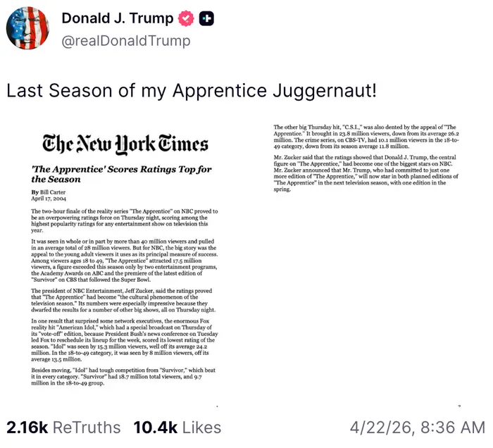 Tweet fra Donald J. Trump som refererer til "The Apprentice" rangeringer, med en New York Times-artikkel om programmets siste sesongs suksess