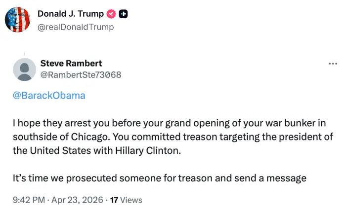 Tweet fra Steve Rambert som anklager Barack Obama for forræderi og ber om rettsforfølgelse, datert 23. april 2026