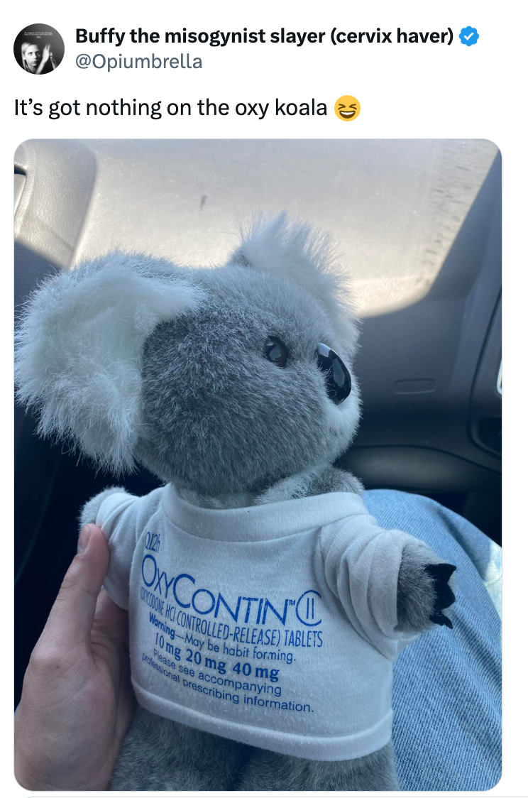 En utstoppet koala iført en skjorte merket