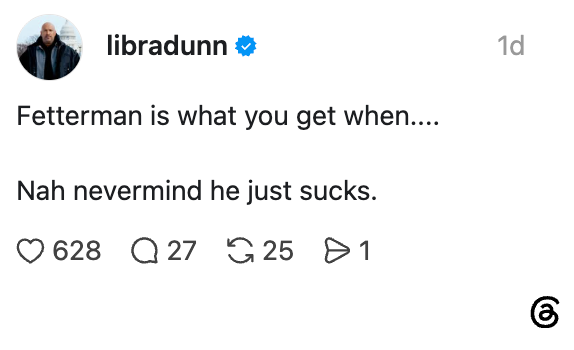 Sosiale medier poster humoristisk kritikk av Fetterman med en avvisende bemerkning. Den har engasjementsikoner for likes, kommentarer og delinger