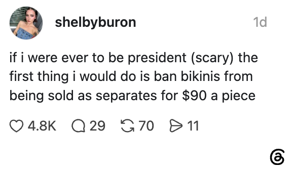 Innlegg på sosiale medier: Klager over bikinier som selges som separate for $90 hver, spøker med å forby dem som en første presidentaksjon