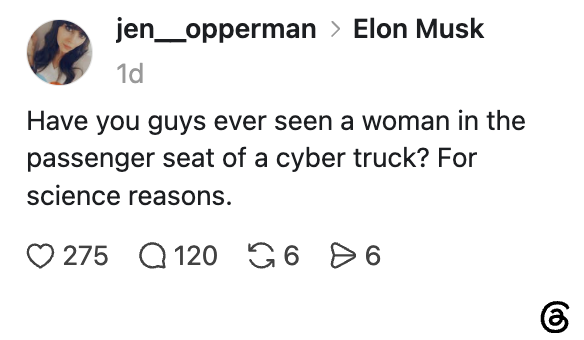 Innlegg på sosiale medier som spør om noen har sett en kvinne i passasjersetet på en Cybertruck, avhørende av vitenskapelige årsaker