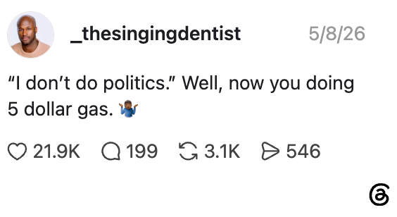 Innlegg på sosiale medier av _thesingingdentist som fleiper om høye bensinpriser med 21,9 000 likes og 199 kommentarer