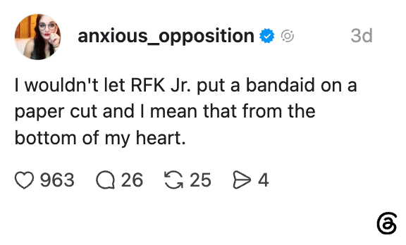 Sosiale medier-innlegg fra user anxious_opposition som uttrykker mistillit til RFK Jr.s evner, metaforisk