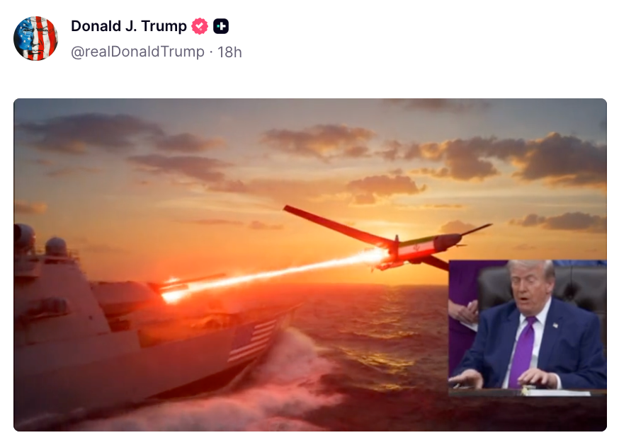 Et skip avfyrer et våpen mot en drone med et bilde av en overrasket mann i hjørnet, lagt ut av en bruker ved navn Donald J. Trump