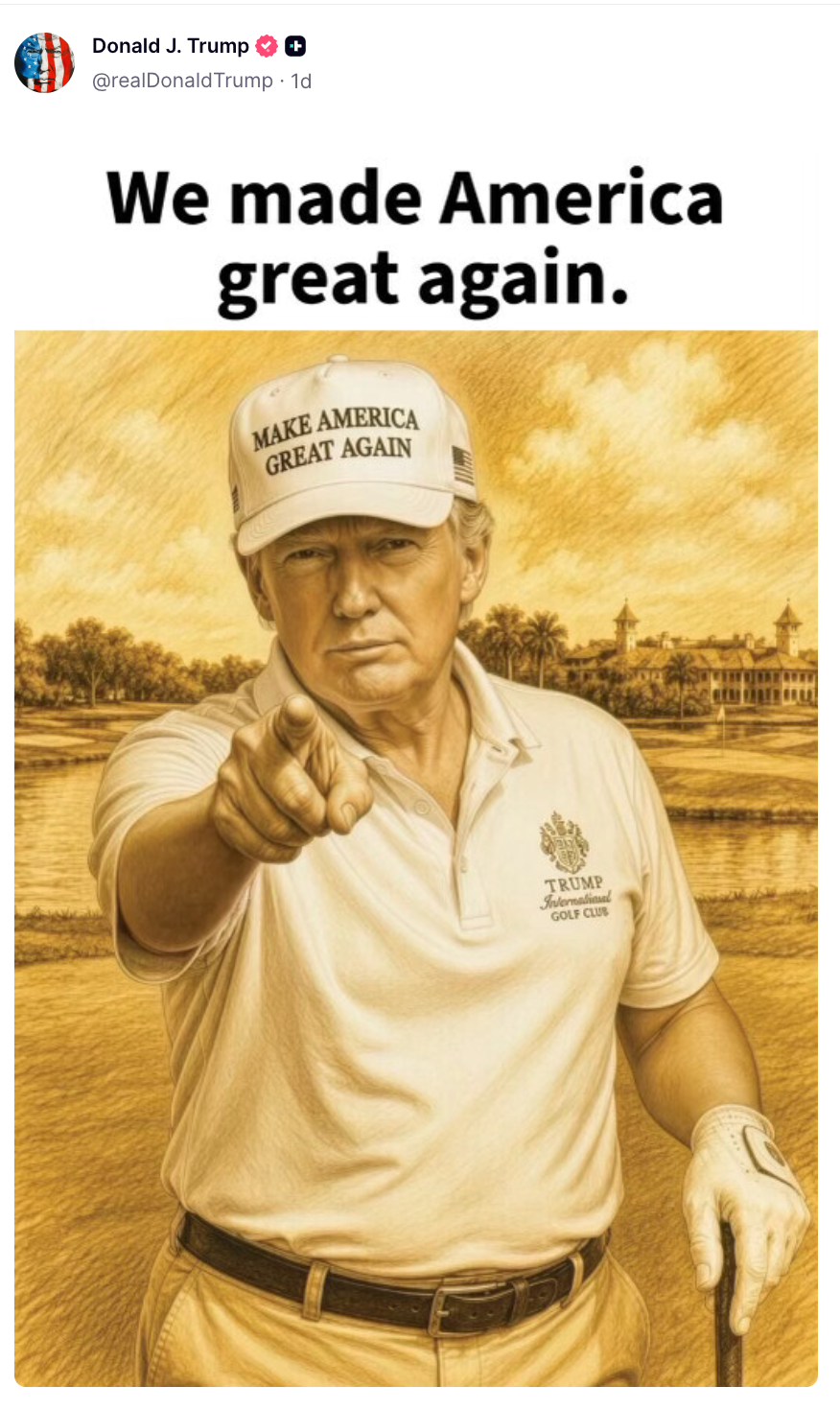 Illustrasjon av en mann i golfantrekk og caps som peker fremover, med tekst: 