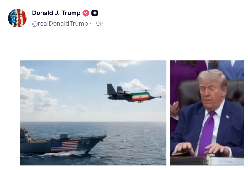 Et digitalt endret bilde viser et fly merket med et iransk flagg som flyr mot et amerikansk marineskip. Til høyre ser en mann i dress bekymret ut