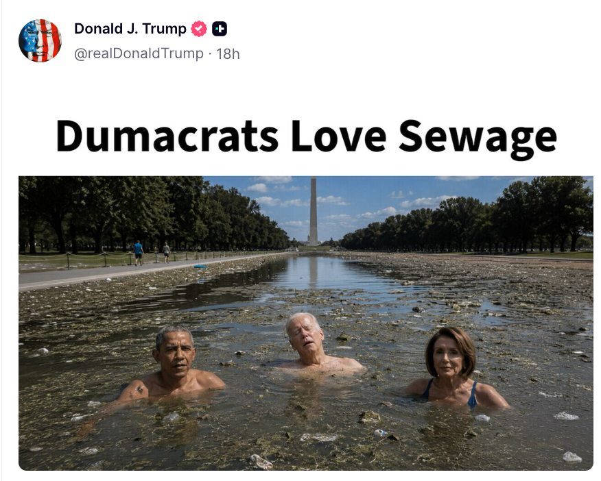 Tre personer befinner seg i en kloakkkanal med Washington-monumentet i bakgrunnen. Teksten lyder 