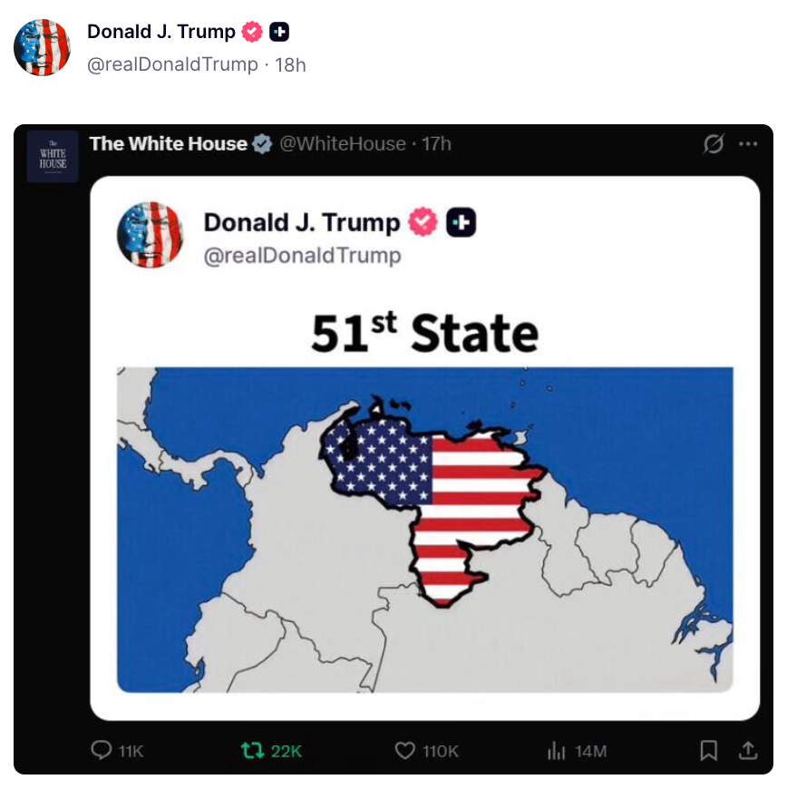 Humoristisk innlegg på sosiale medier som viser et amerikansk flagg overlegg på fiktivt land merket 