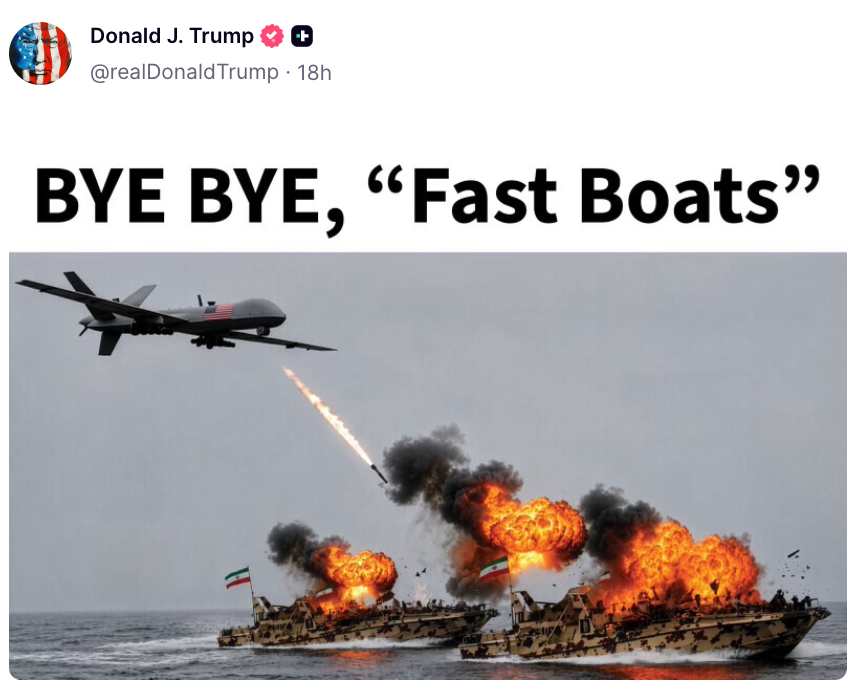 Drone skyter raketter mot båter i brann; tekst: "BYE BYE, 'Fast Boats'.", tweet tilskrevet Donald J. Trump