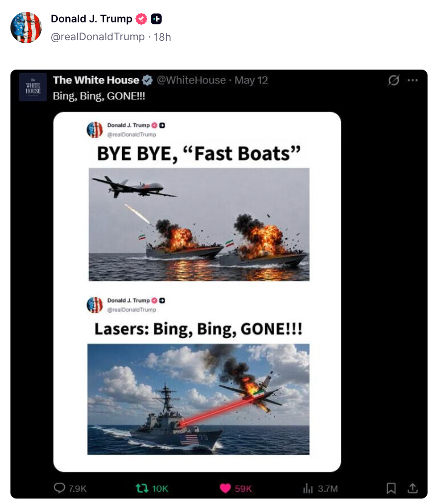 Meme med tweets om militære handlinger. Den første viser et skip som ødelegger båter; den andre viser lasere fra et marineskip