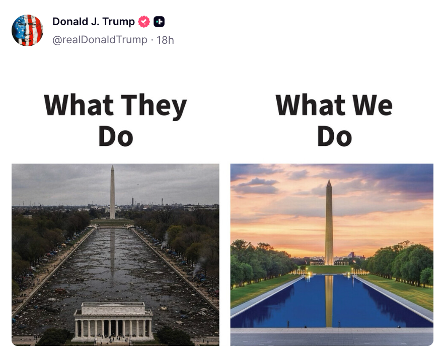 Delt bilde som sammenligner et folksomt og et tomt National Mall. Tweet tilskrevet en offentlig person kontrasterer 