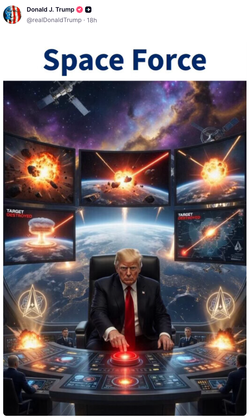 Donald Trump er avbildet i en sci-fi-setting, sittende ved et kontrollpanel merket 