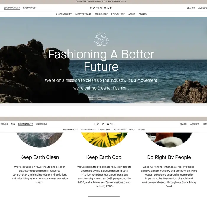 Everlane-hjemmesiden som viser havet og steinene med teksten 