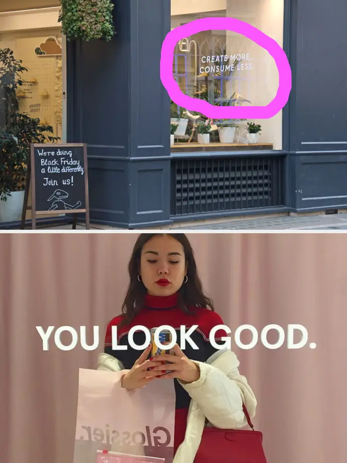 Kvinne i hvit jakke og rødt antrekk som tar en speilselfie, holder en rosa Glossier-veske. Tekst på speilet lyder: "DU SER BRA UT."