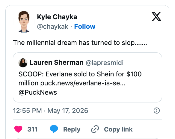 Tweet om at Everlane skal ha blitt solgt til Shein for 100 millioner dollar