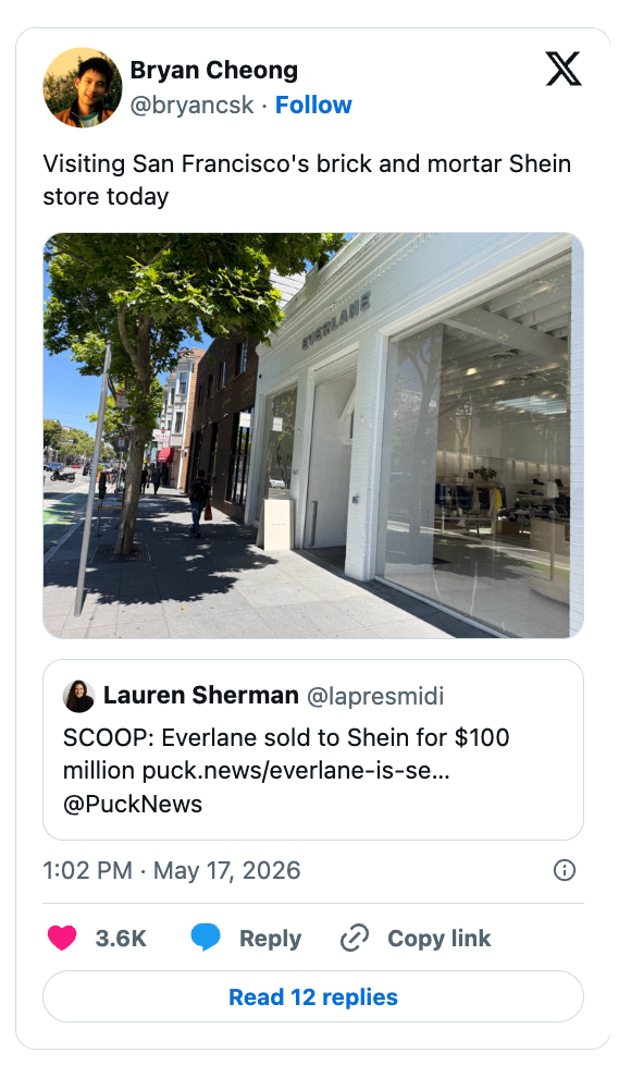 Tweet om å besøke San Franciscos Shein-butikk; inkluderer en tweet om Everlanes salg på 100 millioner dollar til Shein