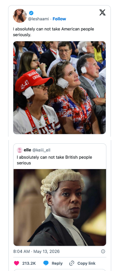 Sosiale medier-innlegg sammenligner humoristisk amerikanske og britiske stereotypier ved å bruke en politisk folkemengde og en advokatfullmektig i rettsantrekk