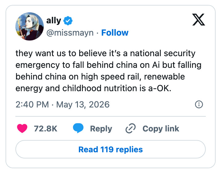 Tweet av alliert som stiller spørsmål ved amerikanske prioriteringer, og sammenligner AI-bekymringer med manglende handling på høyhastighetstog, fornybar energi og ernæring for barn