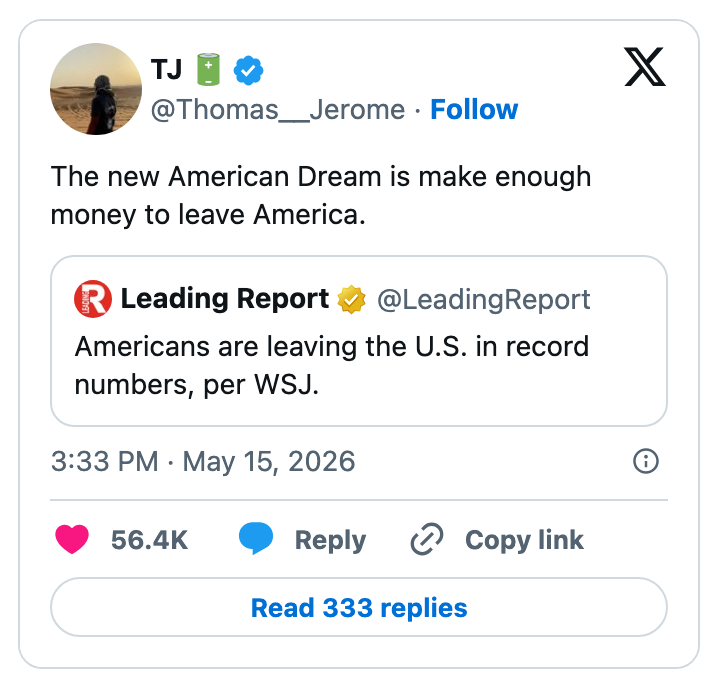 Tweet uttrykker ønske om å tjene nok til å forlate USA, og refererer til en rapport om amerikanere som emigrerer i stort antall