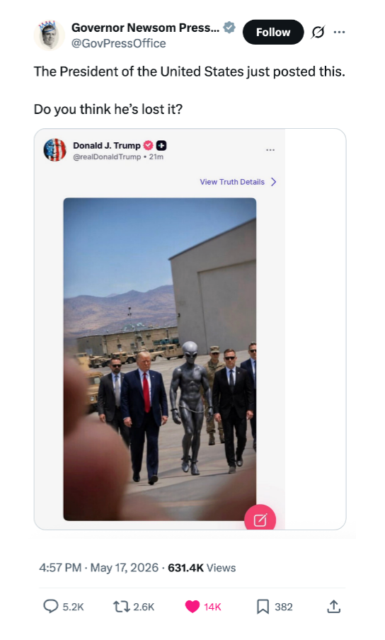 Tweet-skjermbilde viser et innlegg fra guvernør Newsom Press Office som stiller spørsmål ved et bilde av Donald J. Trump av seg selv som går med en robot