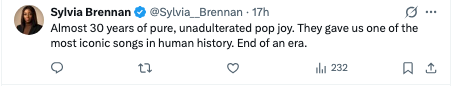 Tweet av Sylvia Brennan som uttrykker nostalgi og beundring for en popgruppe, fremhever deres ikoniske sang og markerer slutten på en æra