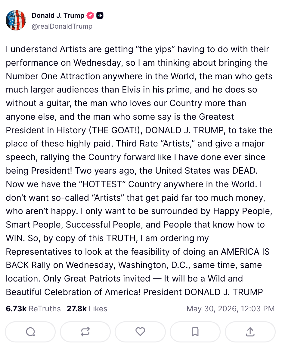 Sammendrag av tekst i bilde: Bildet er et innlegg i sosiale medier av Donald J. Trump som diskuterer artister' ytelsesproblemer, kritiserer "Third Rate 'Artister,'" og invitere folk til et Washington, DC-arrangement