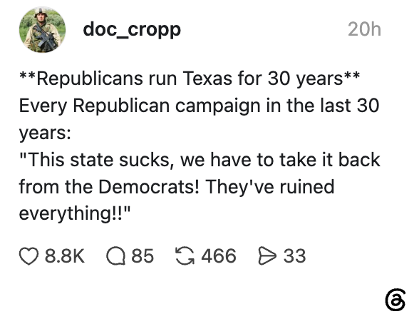 Skjermbilde av Instagram-innlegg: Satirisk kommentar om Texas-politikk, som fremhever republikanske påstander om demokratisk innflytelse til tross for 30 år med republikansk styresett