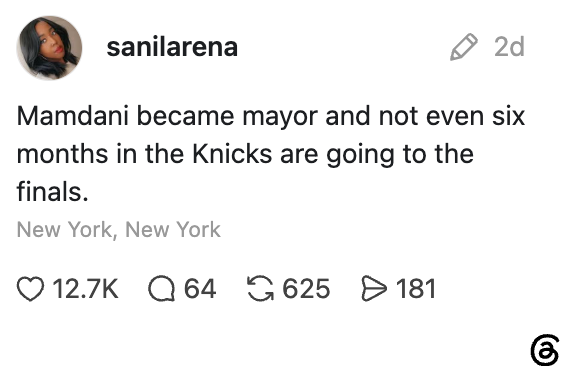 Sosiale medier legger ut en spøk om at Knicks går til finalen like etter at Mamdani ble ordfører
