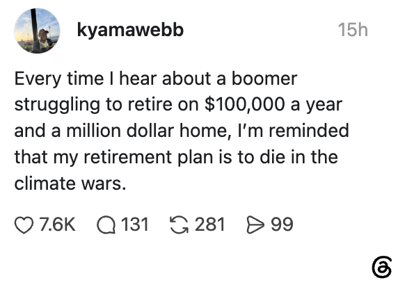 Innlegg i sosiale medier: Person kommenterer boomers' pensjonistkamper, humoristisk reflektert over sin egen pensjonsplan knyttet til klimaspørsmål