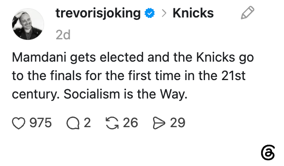 Innlegg på sosiale medier med en vits om at Mamdani ble valgt, Knicks som nådde finalen i det 21. århundre, og en kommentar