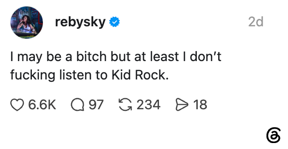 Sosiale medier-innlegg av rebysky om at de ikke hører på Kid Rock til tross for at de blir kalt et navn