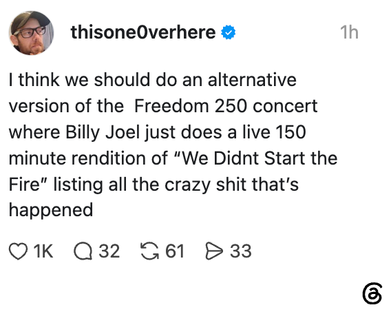 Innlegg på sosiale medier som foreslår en alternativ Freedom 250-konsert der Billy Joel fremfører en 150-minutters gjengivelse av