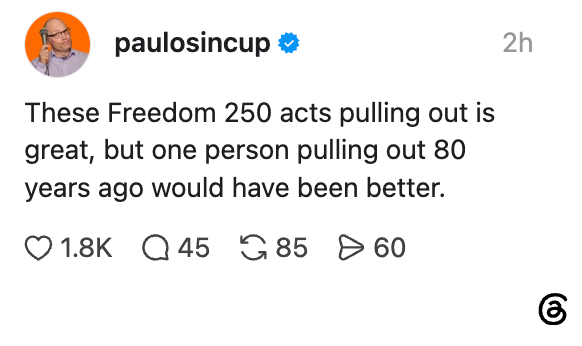 Sosiale medier-innlegg av paulosincup, kommentarer til Freedom 250 acts, antyder historisk relevans om hendelser for 80 år siden