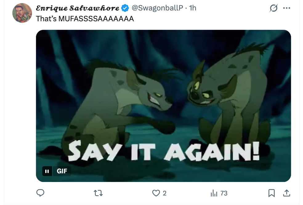 To animerte hyener fra en populær film ler. Teksten lyder: