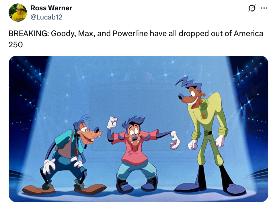 Tegneseriefigurer Langbein, Max og Powerline står på scenen i dynamiske positurer, som rapportert i en falsk nyhetstweet