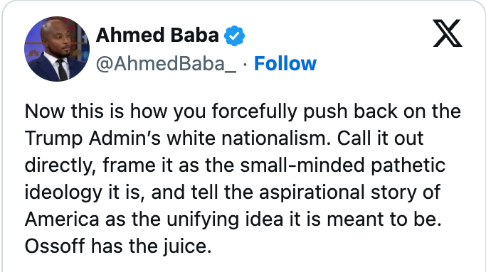 Tweet av Ahmed Baba kritiserer Trump Admins nasjonalisme og berømmer Ossoffs tilnærming til å forene Amerika