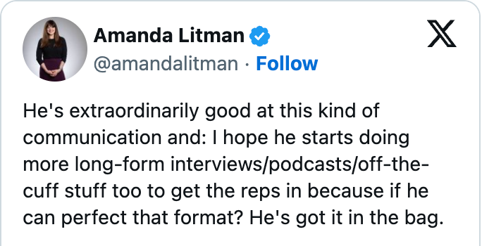 Tweet fra Amanda Litman som berømmer noens kommunikasjonsevner og foreslår at de gjør flere langtidsintervjuer eller podcaster