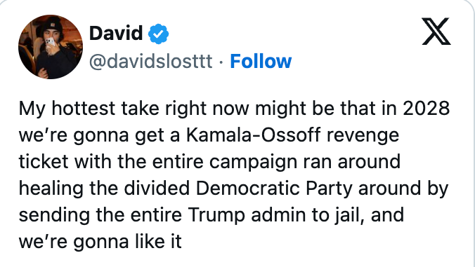 En tweet spekulerer i en Kamala-Ossoff-kampanje i 2028 med fokus på å forene demokrater og fengsle Trump-administrasjonen