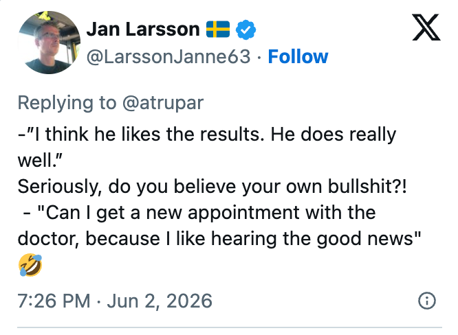 Tweet fra Jan Larsson stiller sarkastisk spørsmål ved å tro gode nyheter fra en lege, med emojier som uttrykker latter
