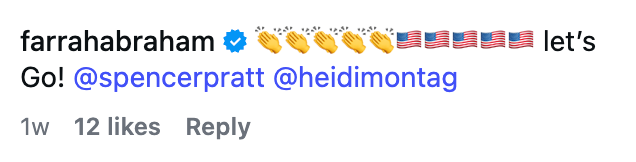 Innlegg i sosiale medier av Farrah Abraham med klappende emojier og amerikanske flagg-emojier, nevner Spencer Pratt og Heidi Montag