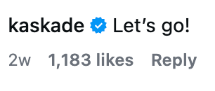 Instagram-innlegg av verifisert konto "kaskade" sier «La oss gå!" med 1 183 likes og postet for 2 uker siden