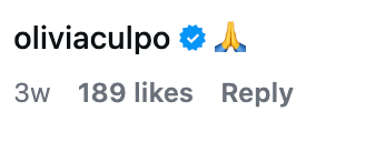 Instagram-kommentar av bruker med verifisert merke, brukernavn "oliviaculpo," viser emoji med foldede hender, lagt ut for 3 uker siden, med 189 likes