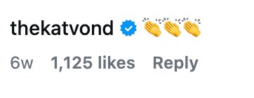 Kommentar av thekatvond med klapp-emojier; For 6 uker siden, 1 125 liker