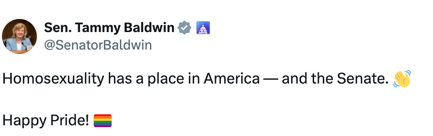 Tweet fra senator Tammy Baldwin som feirer Pride og bekrefter homofilis plass i Amerika og Senatet. Klapping og regnbue-emojier inkludert