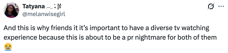 Tweet av Tatyana om viktigheten av å ha en mangfoldig TV-seeropplevelse og potensielle PR-problemer