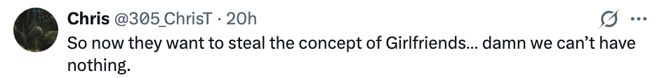 Tweet av Chris: "Så nå vil de stjele konseptet med kjærester... pokker vi kan ikke ha noe."